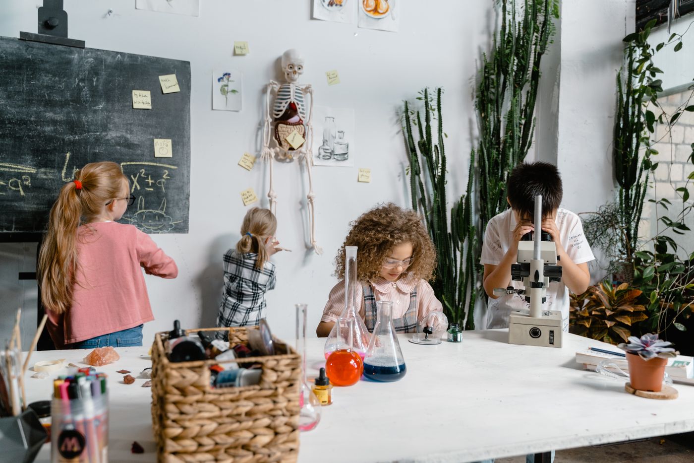 Alumnes fent un experiment científic amb matrassos i microscopi a l'aula